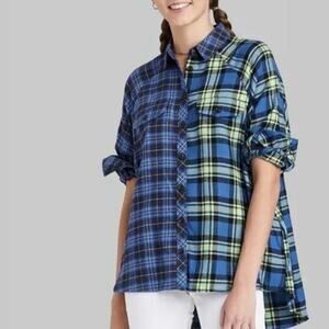 Wild Fable Flannel Oversized Boyfriend Shirt Spliced Plaid & Checks Pockets S